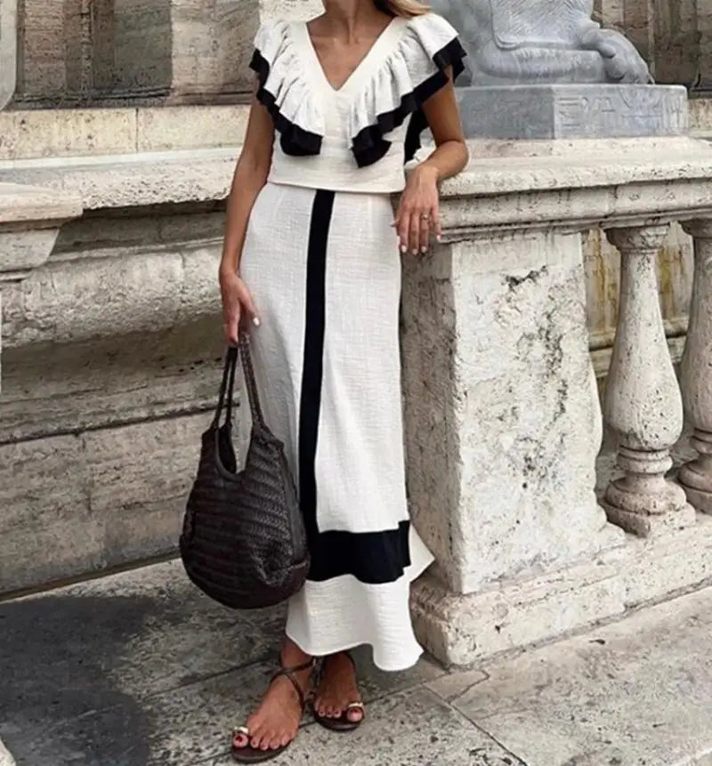 Ruffles Contrast Skirt Suit Elegant Summer V Neck Outfits