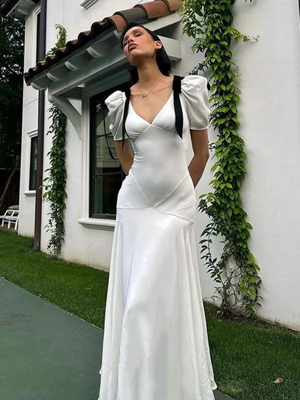 Vintage White Shoulder Bow Long V Neck Puff Sleeve Dress