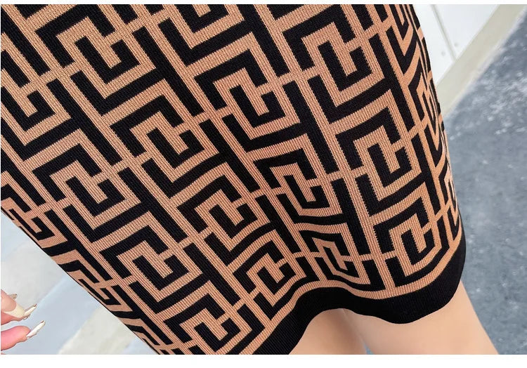 Coffee High Quality Summer Slim Fit Jacquard Ice Silk Mid Length Knitted Dress