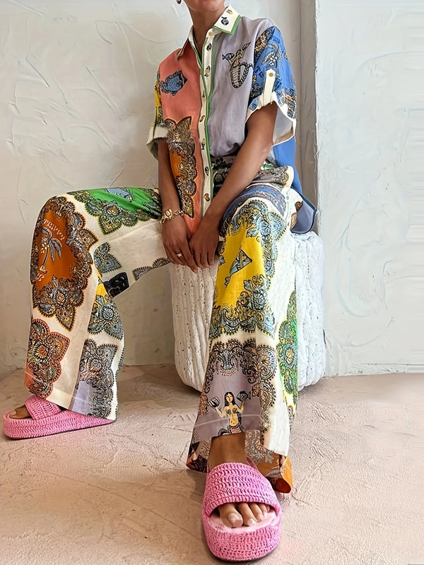 Ethnic printed loose cardigan short-sleeved trousers