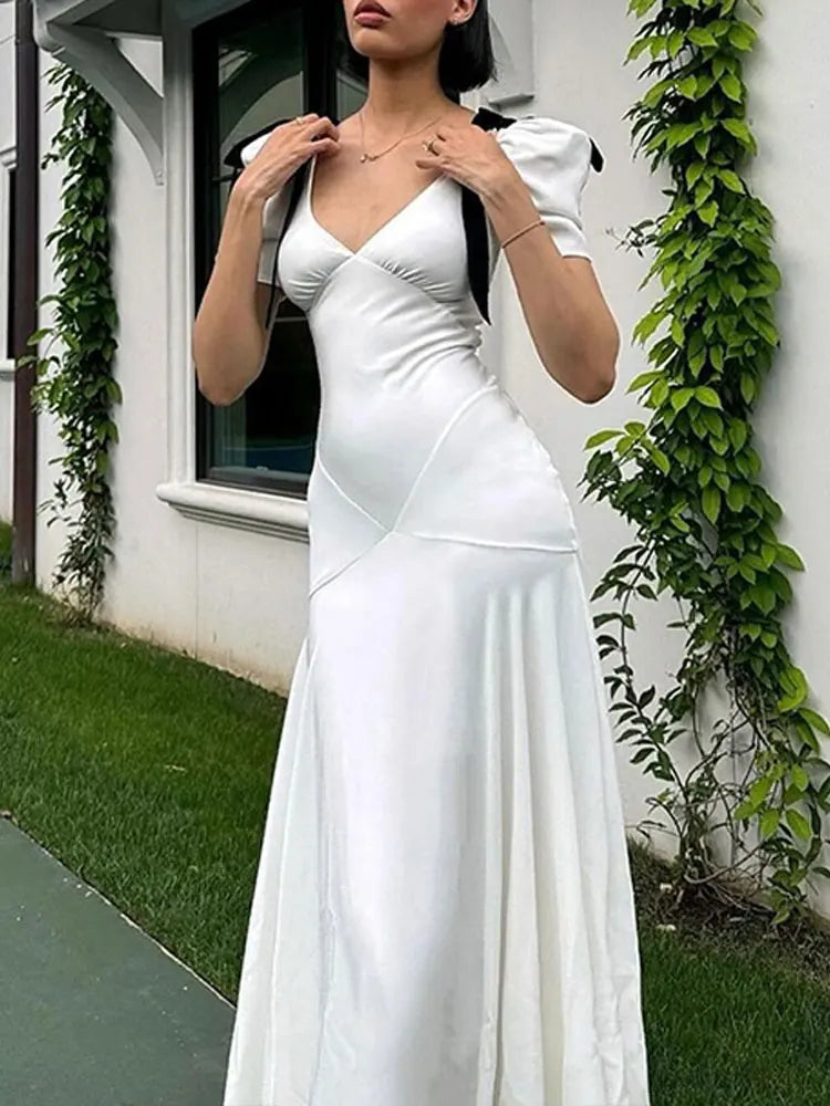 Vintage White Shoulder Bow Long V Neck Puff Sleeve Dress