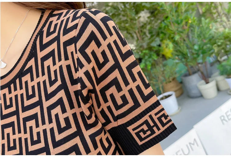 Coffee High Quality Summer Slim Fit Jacquard Ice Silk Mid Length Knitted Dress