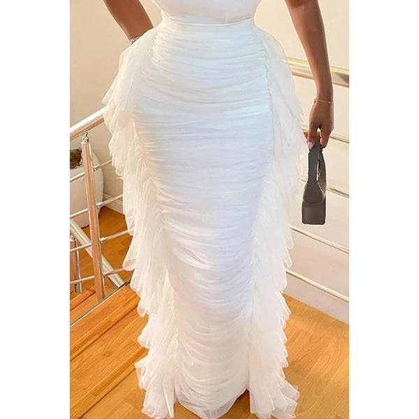 Plus Size White Tulle Ruffles Fold Skirts