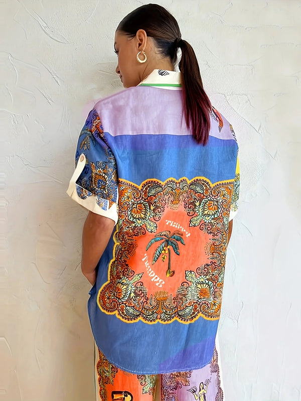 Ethnic printed loose cardigan short-sleeved trousers