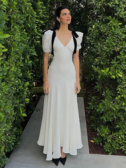 Vintage White Shoulder Bow Long V Neck Puff Sleeve Dress