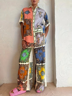 Ethnic printed loose cardigan short-sleeved trousers