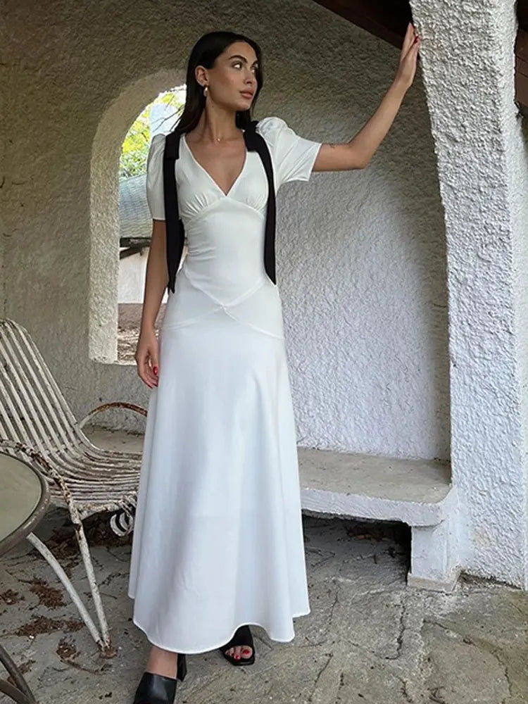 Vintage White Shoulder Bow Long V Neck Puff Sleeve Dress
