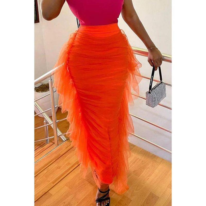 Plus Size White Tulle Ruffles Fold Skirts