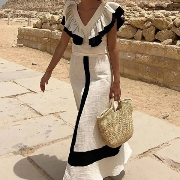 Ruffles Contrast Skirt Suit Elegant Summer V Neck Outfits