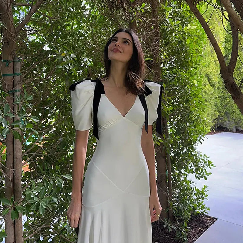 Vintage White Shoulder Bow Long V Neck Puff Sleeve Dress