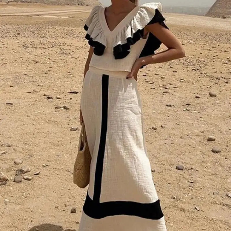 Ruffles Contrast Skirt Suit Elegant Summer V Neck Outfits