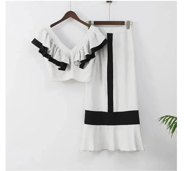 Ruffles Contrast Skirt Suit Elegant Summer V Neck Outfits