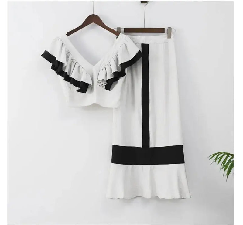 Ruffles Contrast Skirt Suit Elegant Summer V Neck Outfits
