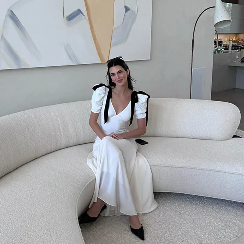 Vintage White Shoulder Bow Long V Neck Puff Sleeve Dress