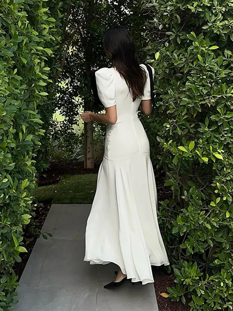 Vintage White Shoulder Bow Long V Neck Puff Sleeve Dress
