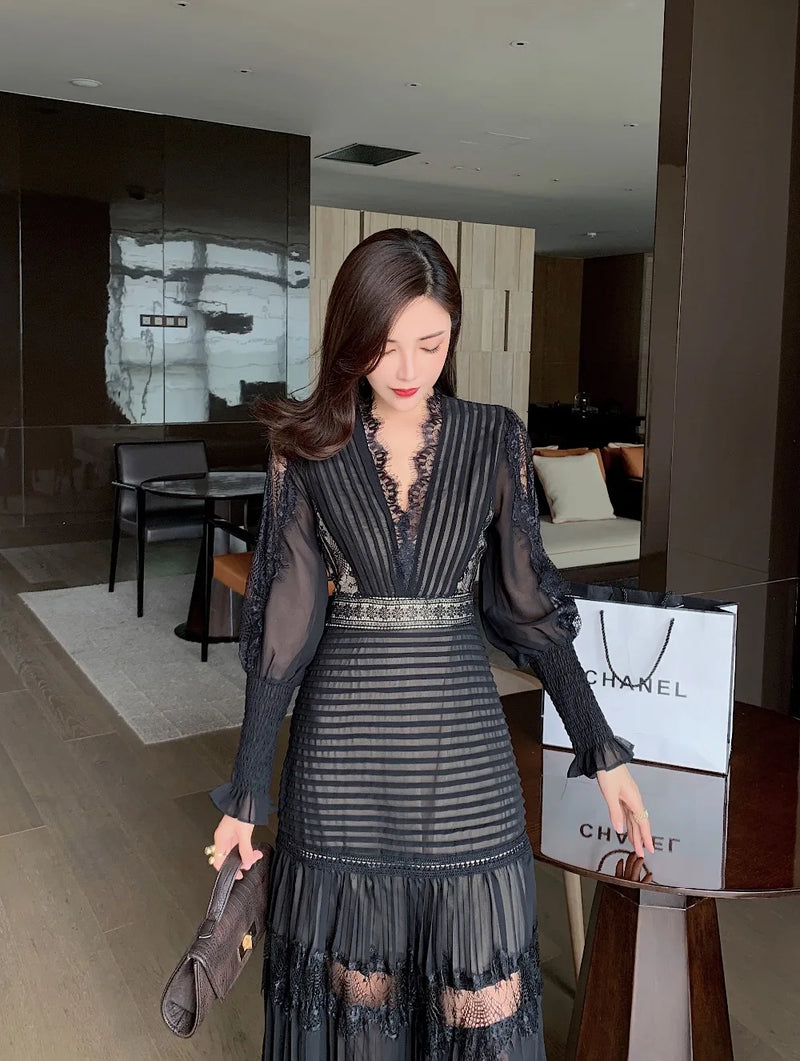 Elegant Spring Chiffon Patchwork Lace V Neck Sleeve Pleated Black Dress