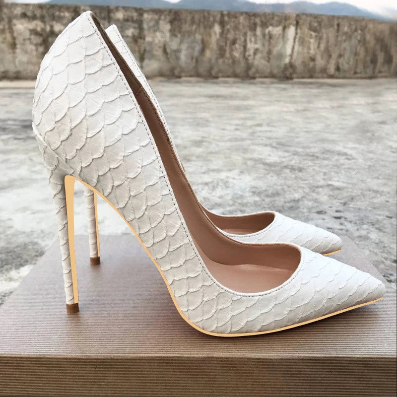 Tikicup White Crocodile-Effect High Heels
