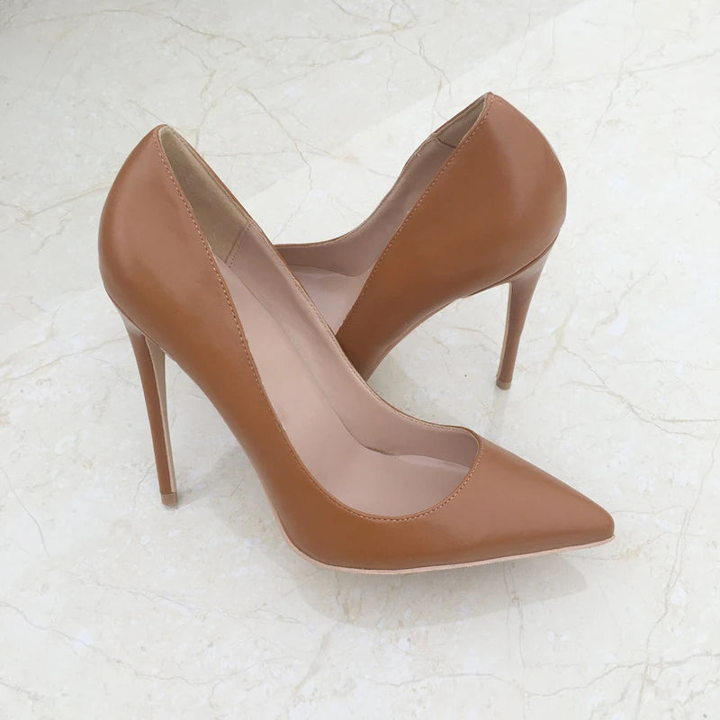 Tikicup Solid Khaki Brown Matte Pointed High Heels