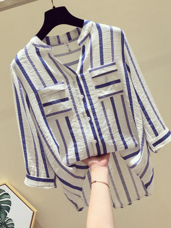 Striped Chiffon V-neck Elegant Shirt