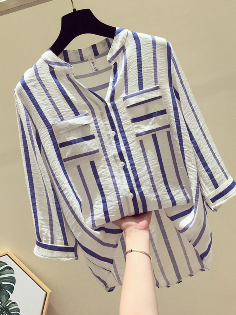 Striped Chiffon V-neck Elegant Shirt