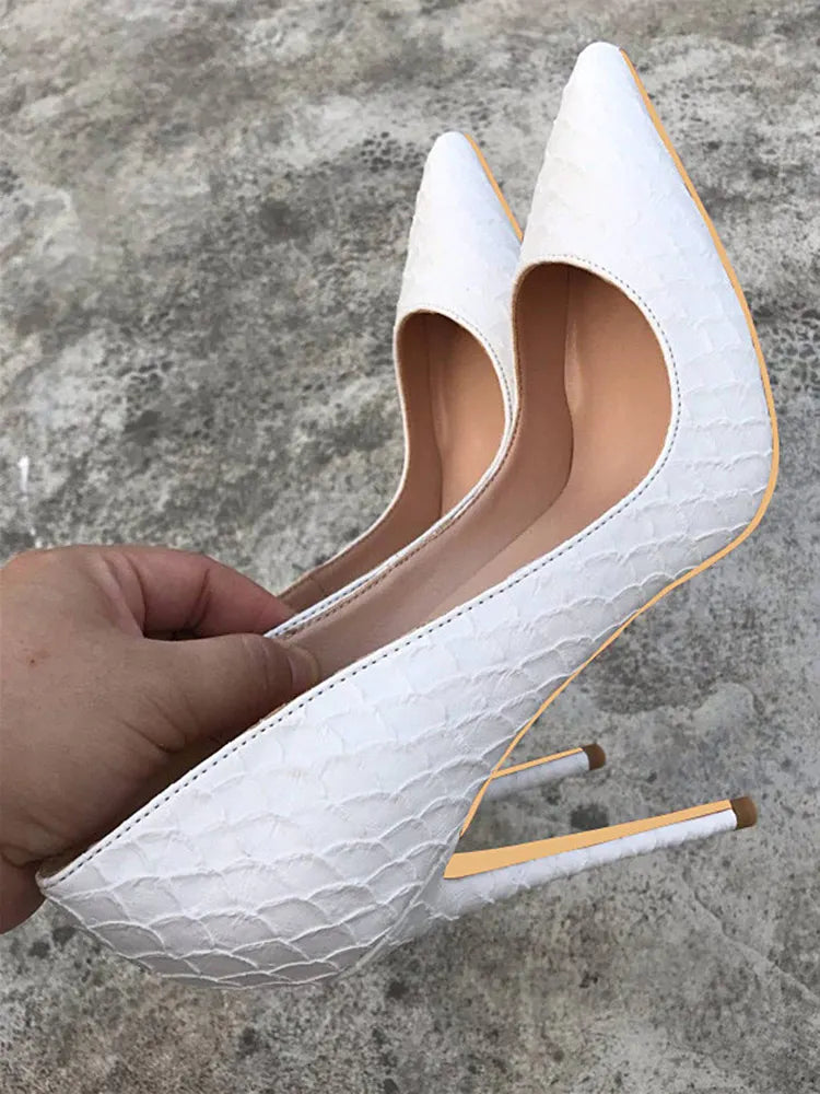 Tikicup White Crocodile-Effect High Heels