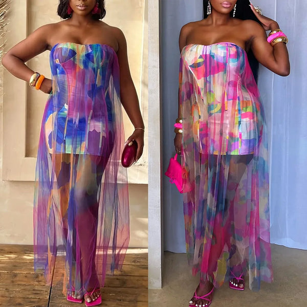 Sexy See-through Elastic Mesh Splicing Long Dress