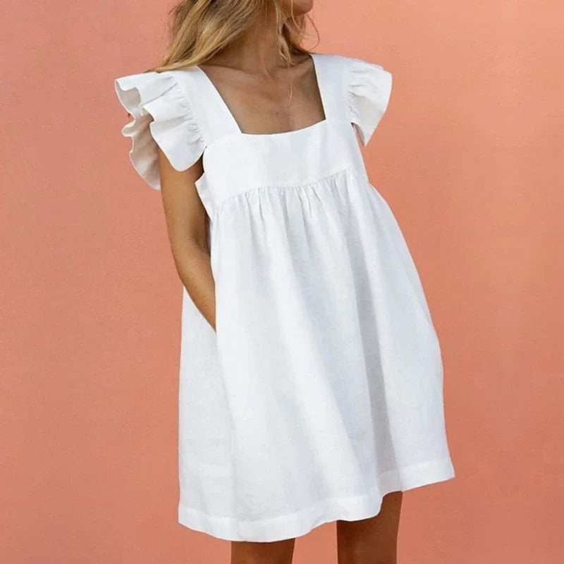 Elegant Butterfly Ruffled Summer Square Collar Pocket Dress