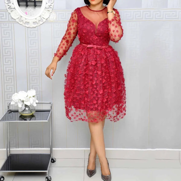 Shiny High Waist Belted Vintage Midi Dress