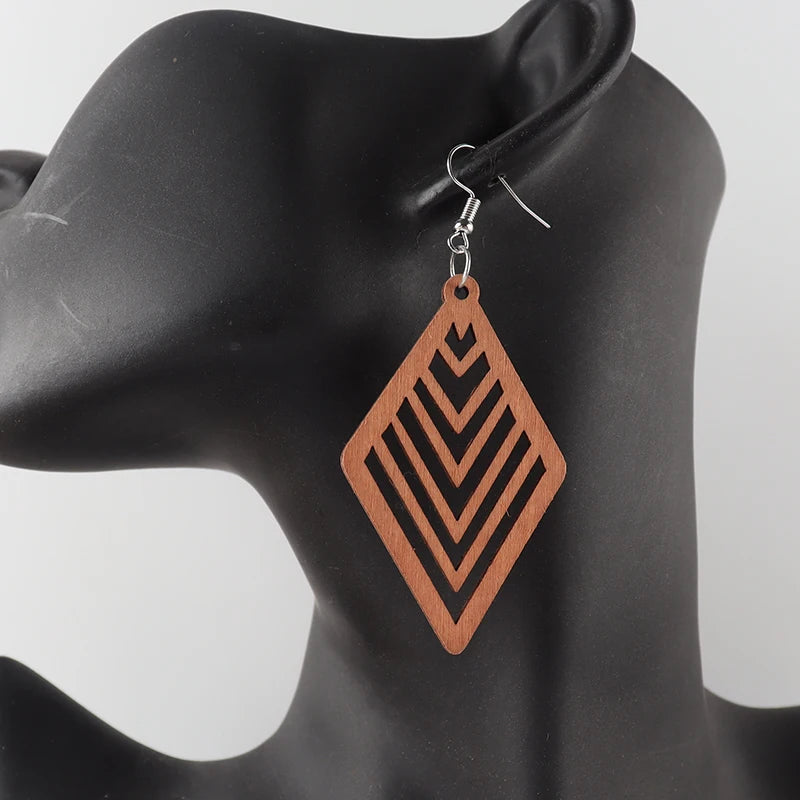 Brown Black And Light Brown Color African Geometric Wooden Earrings