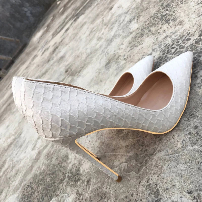 Tikicup White Crocodile-Effect High Heels