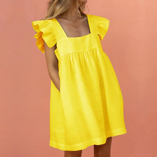 Elegant Butterfly Ruffled Summer Square Collar Pocket Dress