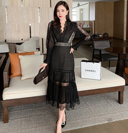 Elegant Spring Chiffon Patchwork Lace V Neck Sleeve Pleated Black Dress