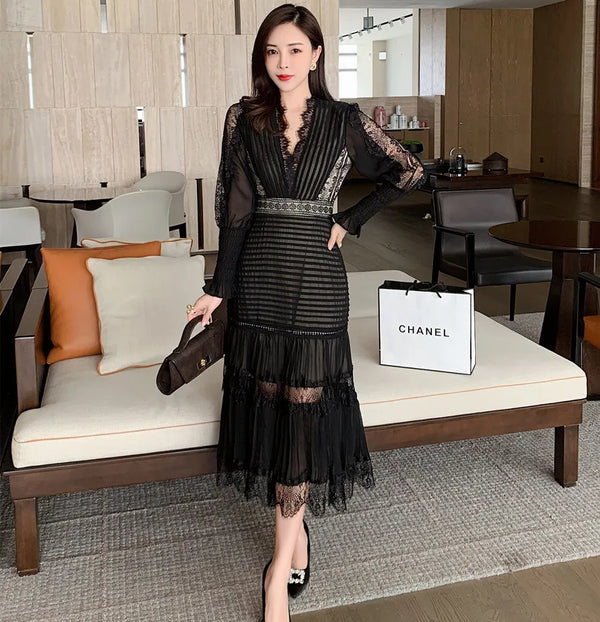 Elegant Spring Chiffon Patchwork Lace V Neck Sleeve Pleated Black Dress