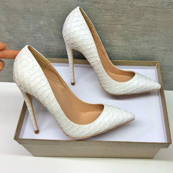 Tikicup White Crocodile-Effect High Heels