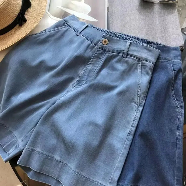Denim Wide Leg Button Elastic Waist Shorts