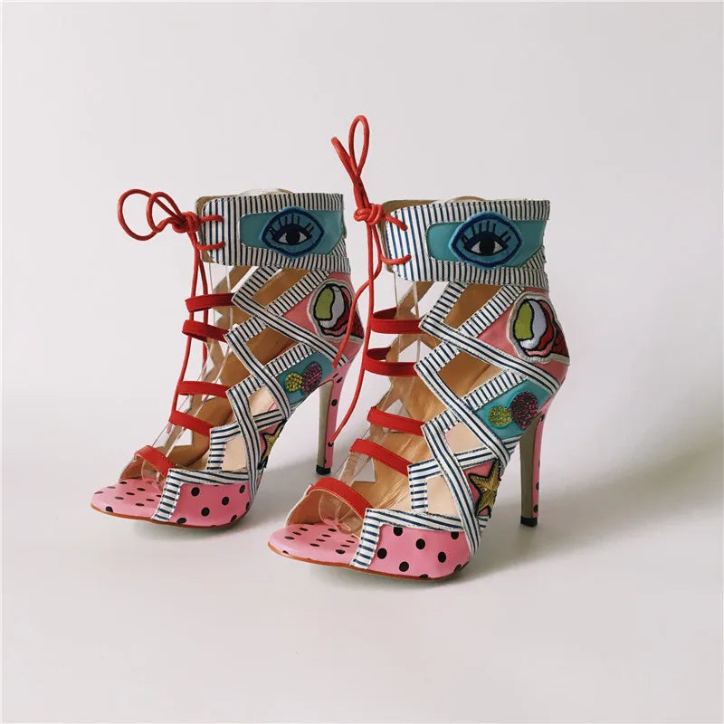 Summer Colorful Embroider High Heels Sandals