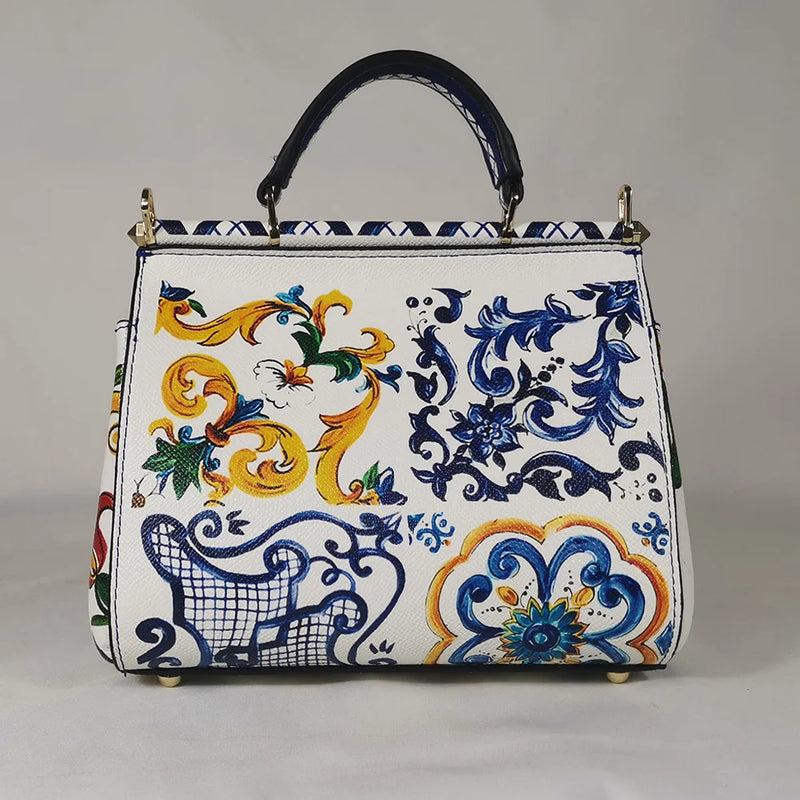 Women's Leather Bag Designer Lemon White Flowers