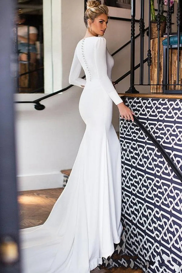 Elegant Satin Long Sleeve Sheer V Neck Boho Bridal Dress