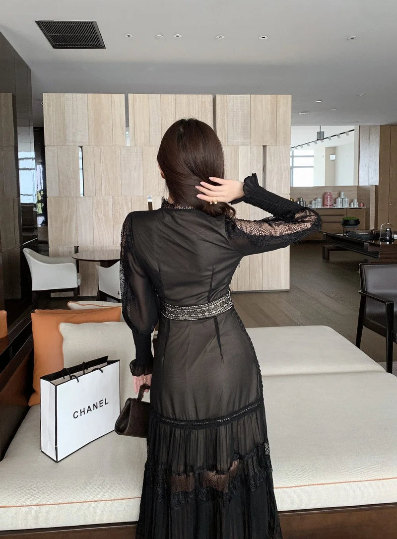Elegant Spring Chiffon Patchwork Lace V Neck Sleeve Pleated Black Dress