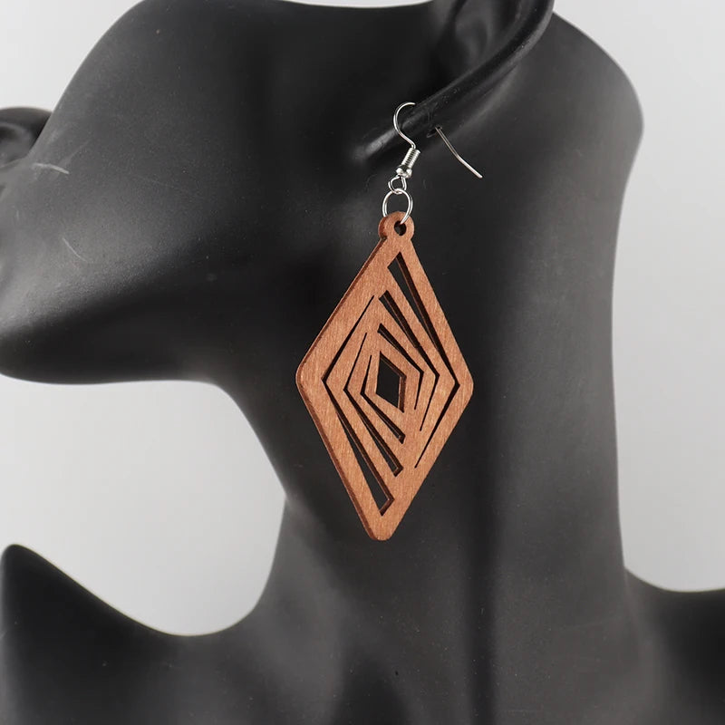 Brown Black And Light Brown Color African Geometric Wooden Earrings