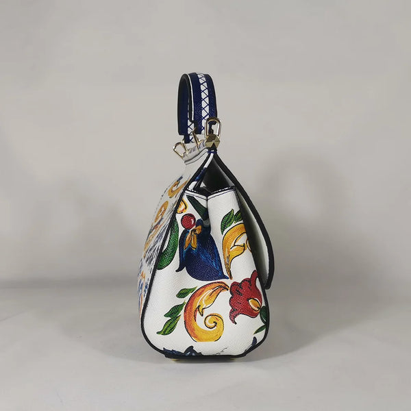 Women's Leather Bag Designer Lemon White Flowers