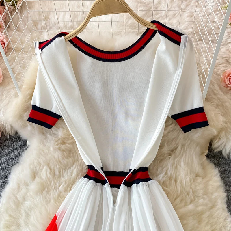 Summer Sweater Knitted Chiffon Striped Pleated Dress