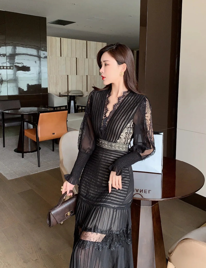 Elegant Spring Chiffon Patchwork Lace V Neck Sleeve Pleated Black Dress