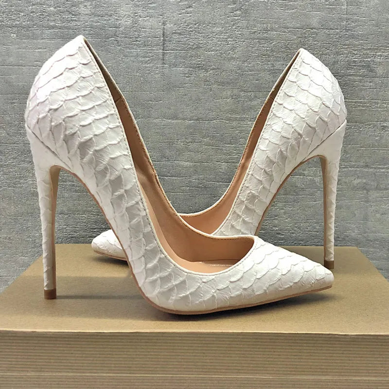 Tikicup White Crocodile-Effect High Heels