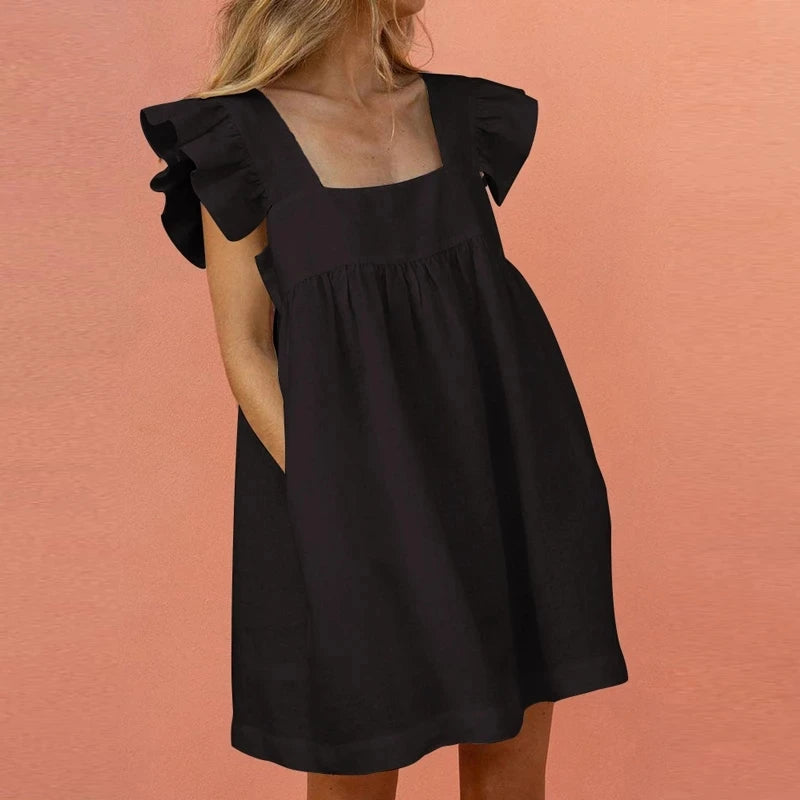 Elegant Butterfly Ruffled Summer Square Collar Pocket Dress