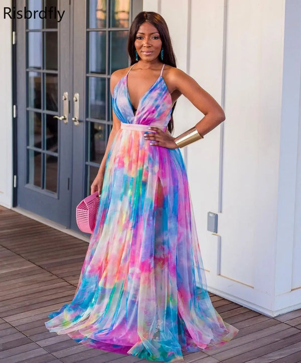 V-neck Sleeveless Printing Long Dress