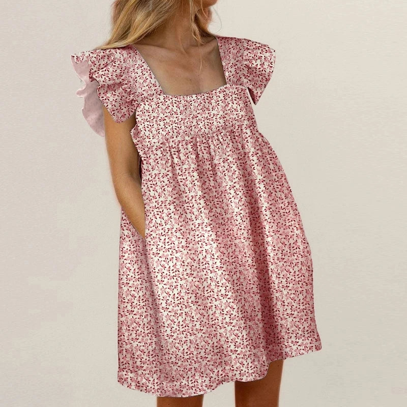 Elegant Butterfly Ruffled Summer Square Collar Pocket Dress