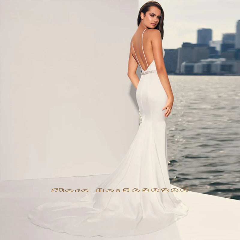 Satin Sexy Backless Shiny Beading Waist Simple Dress