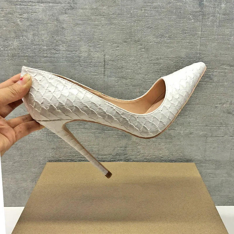 Tikicup White Crocodile-Effect High Heels