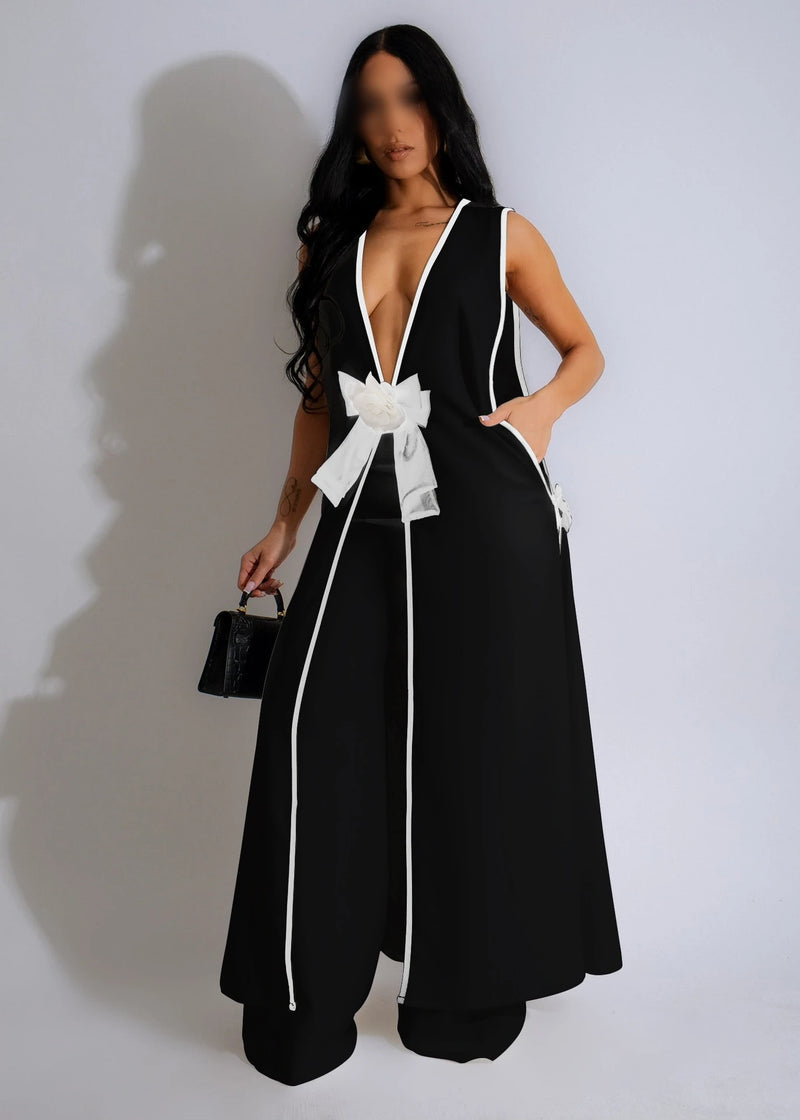Bow Tie Long Sleeve Dress and Wide Leg Pant